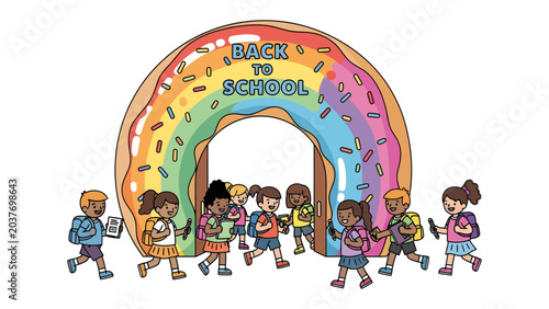 фотографія Back to School Celebration: A vibrant archway shaped like a giant donut adorned with rainbow colors welcomes a group of diverse schoolchildren, eager to begin their educational journey