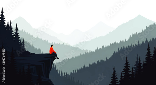 Foto Vector flat design illustration of a lone person in an orange jacket sitting on