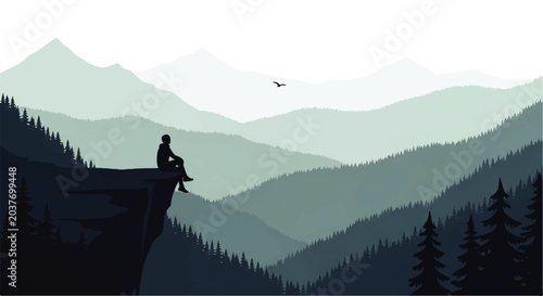 Tableau sur toile Vector flat design illustration of a lone person sitting on a cliff edge overloo