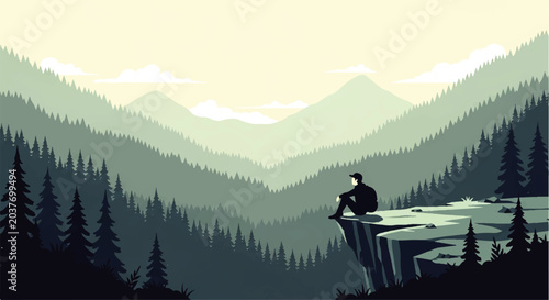 Obraz na płótnie A solitary person sits on a cliff edge, contemplating the vast mountain landscap