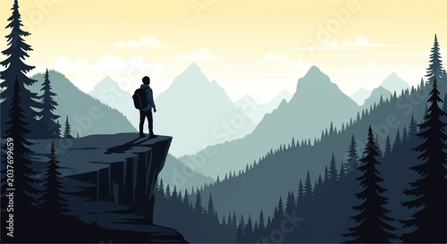 Schilderij op canvas A lone hiker stands on a cliff edge overlooking a vast mountain range in this ve