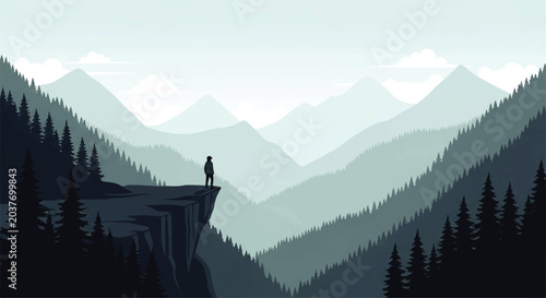 Schilderij op canvas Vector flat design illustration of a lone figure standing on a cliff overlooking