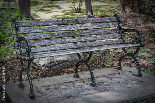 Weathered Memorial Park Bench Dedicated to Andrew Carnegie in a Quiet Wooded Setting
