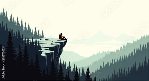 Fotografía A solitary figure sits on a cliff edge contemplating a vast mountain landscape i