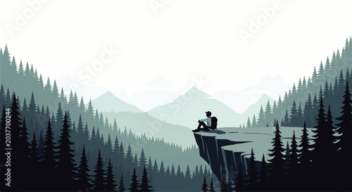 Photos A solitary hiker sits on a cliff edge overlooking a vast mountain valley, a vect