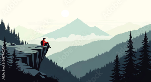 Foto A solitary figure sits on a cliff edge, contemplating a vast mountain landscape