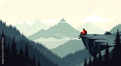 Foto A lone hiker sits on a cliff edge overlooking a vast mountain range in this vect