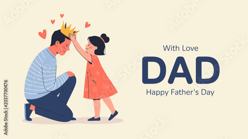 Fotografija Happy Fathers Day vector illustration daughter placing a crown on her dad with h