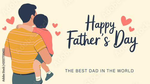 Happy Fathers Day greeting banner father cradling newborn baby in armchair flat design dad and infant love illustration hearts background