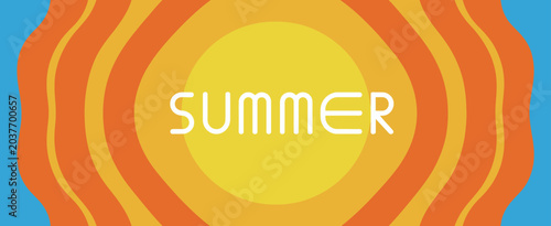 Summer typography banner abstract yellow sun vector sunny day background card orange sunburst graphic