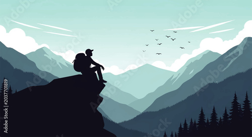 Konstfotografi Vector flat design illustration of a lone hiker sitting on a mountain peak, enjo