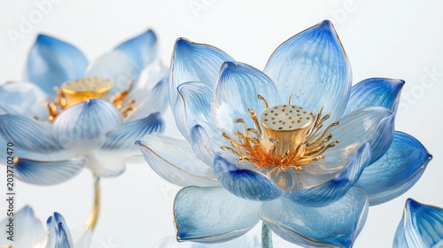 Close-up decorative light blue lotus flowers, elegant display. Possible use Decorative image for catalog, print, or digital media