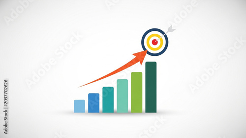 Bar Graph Increasing Growth Chart with Arrow and Target on White Background