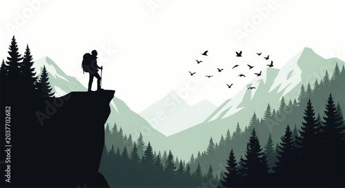 Foto Vector flat design illustration of a lone hiker standing on a cliff edge overloo