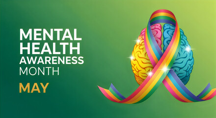 Mental health awareness month campaign with ribbon and brain illustration