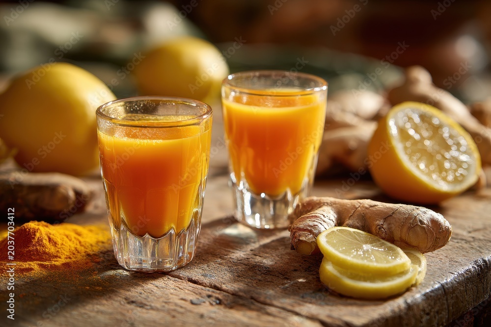 Fototapeta premium Bright turmeric ginger lemon wellness shots served in tiny clear glasses with fresh roots