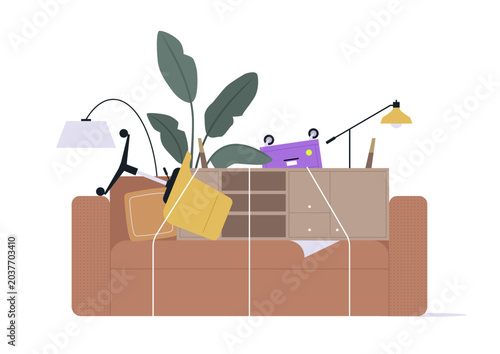 Bundles of moving items, including a cozy couch loaded with boxes, a vibrant plant, and eclectic decor bring excitement to a new adventure in relocation.