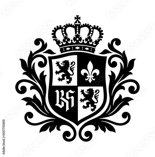Royal Crest Emblem, Heraldic Shield with Lions and Fleur-de-lis, Vintage Coat of Arms Vector