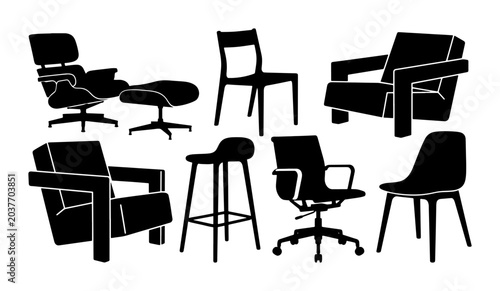 Modern Furniture Silhouettes: Iconic Chair Designs, Vector Set for Interior Decor and Design
