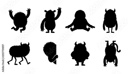 Cute Monster Silhouettes, Playful Characters, Whimsical Creatures, Vector Icons Set