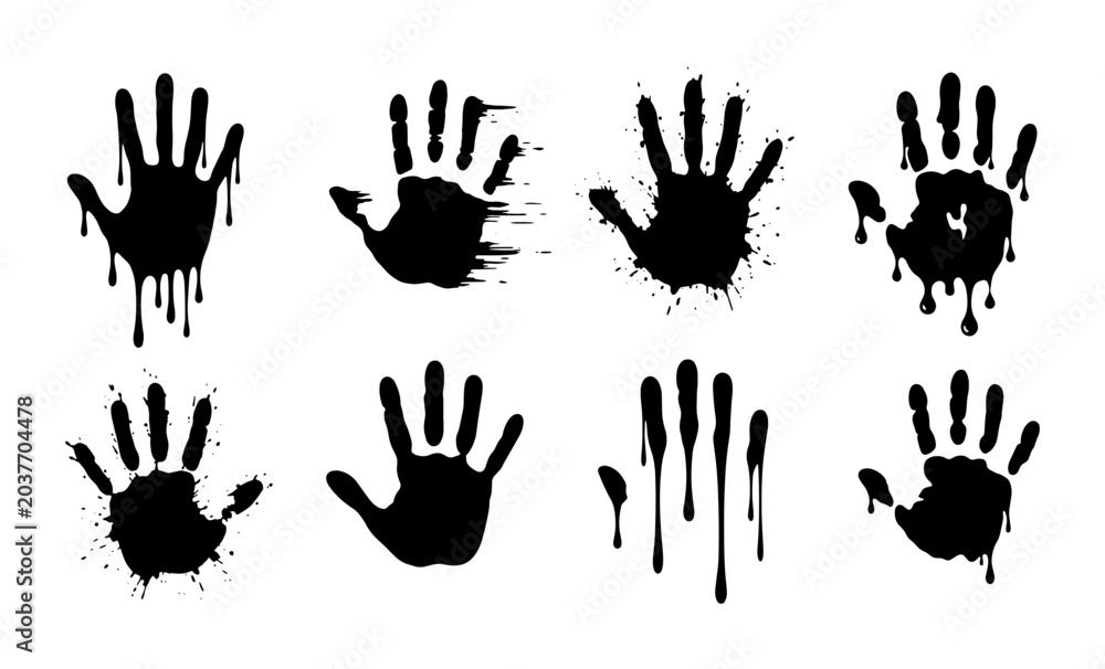 Fototapeta premium Black Handprint Vector Icons, Dripping Ink Splatter and Smudge Styles, Graphic Elements
