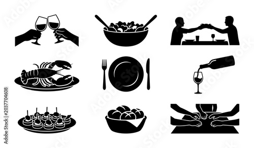 Restaurant Icons Set: Dining, Toasting, Lobster, Wine Pouring, Appetizers, Bread, Coffee