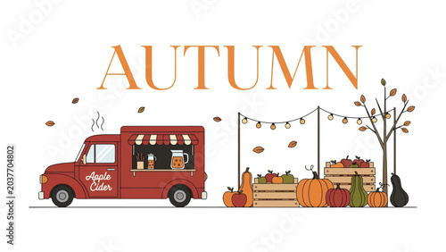Photos Autumn Harvest Stand: A charming red truck serving seasonal beverages sits beside a rustic stall overflowing with pumpkins, gourds, and fall decor, evoking the cozy spirit of autumn