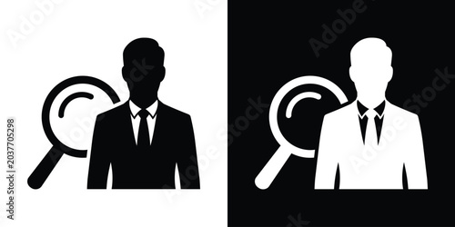Tableau sur toile Corporate recruitment and search icon showing a businessman avatar next to a magnifying glass