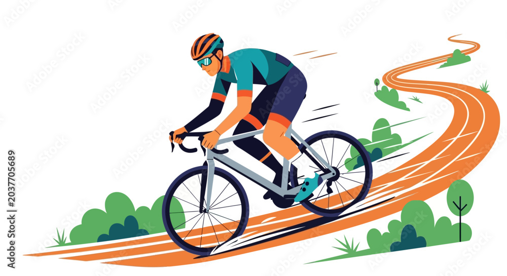 Fototapeta premium Cyclist racing downhill on a winding road.