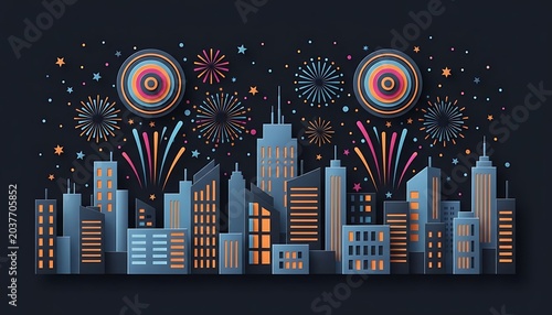 Vibrant City Skyline with Colorful Fireworks and Stars - Modern Celebration Urban Night Scene Vector Illustration