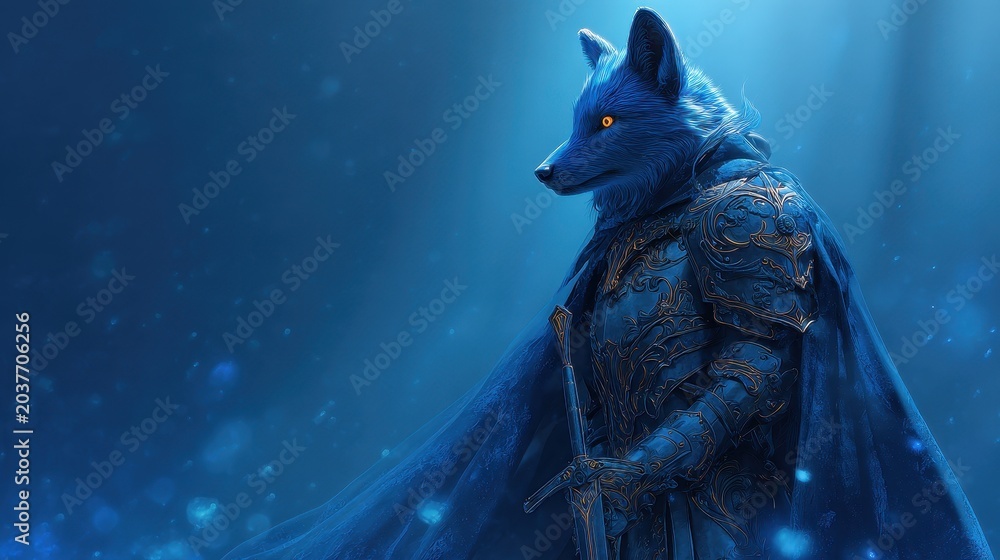 Obraz premium Cerulean fox guardian in luminous knight armor: dramatic fantasy illustration