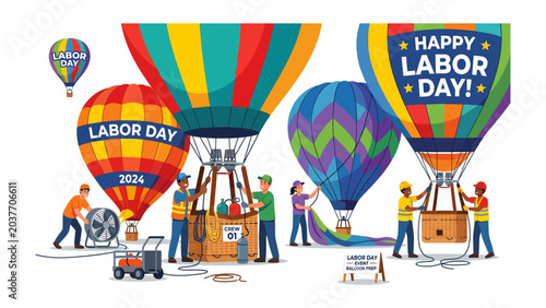 Bild auf Leinwand Labor Day Hot Air Balloon Festival: Colorful hot air balloons are being prepared for a Labor Day celebration, with people working to inflate them against a backdrop of a clear sky