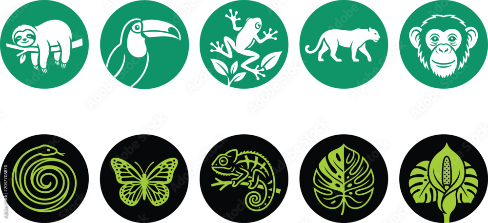 Fototapeta premium Set of ten circular vector icons featuring jungle animals and tropical plants designed with a clean flat minimalist aesthetic style