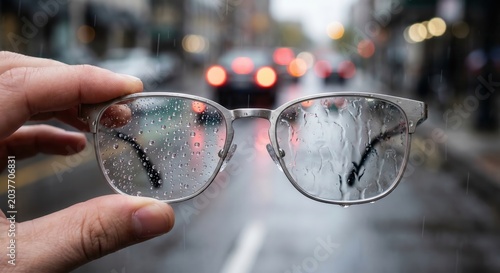 Water repellent and untreated glasses lens comparison in rain