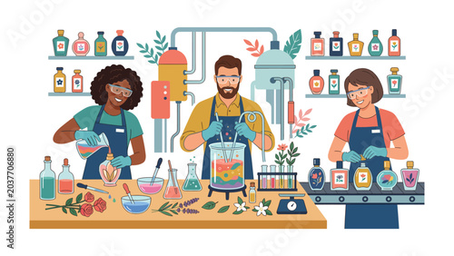 Bild auf Leinwand Perfume Making: Aromatic Alchemy: Three chemists in a laboratory setting blend ingredients to create artisanal perfumes