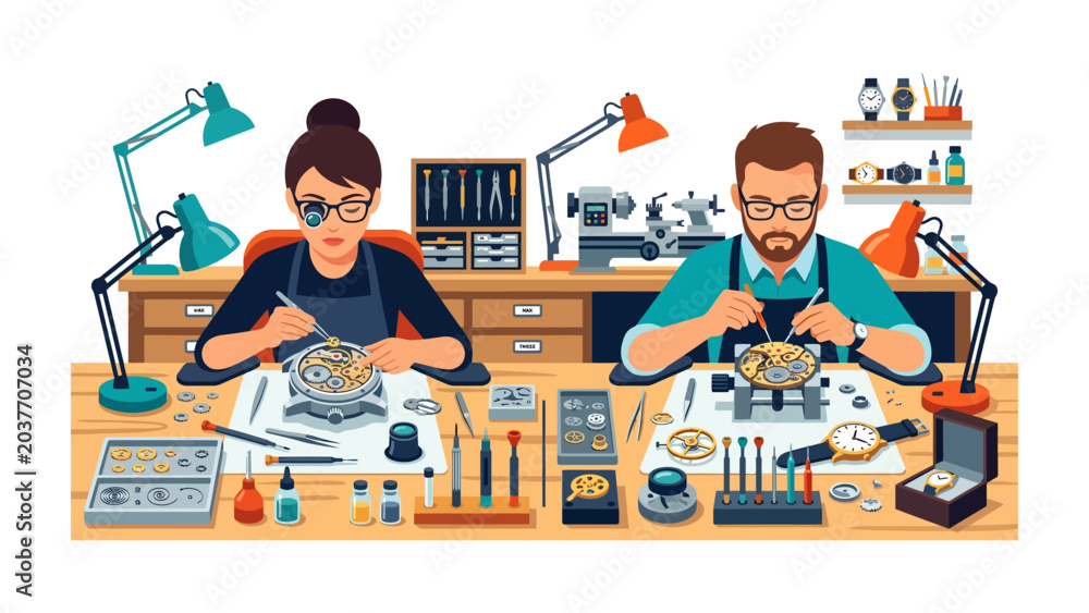 Φωτογραφία Precision Craftsmanship: Two watchmakers, a man and a woman, meticulously assemble intricate timepieces at their shared workbench, surrounded by specialized tools and a collection of clocks
