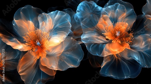 Glowing ethereal flowers, dark background, design element