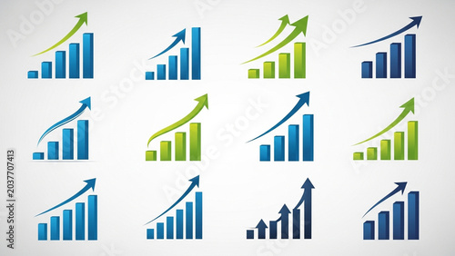 Set of Twelve Colorful Graph Charts Showing Growth and Progress in Blue and Green on White Background