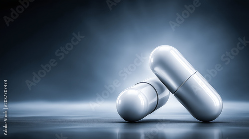 White medical capsules on a dark reflective surface with dramatic blue lighting, representing healthcare, pharmacy and pharmaceutical industry concepts