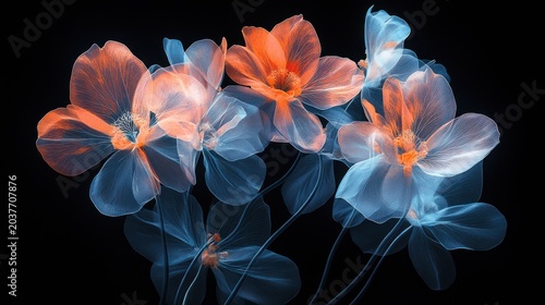 Glowing orange flowers, dark background, floral art, website design