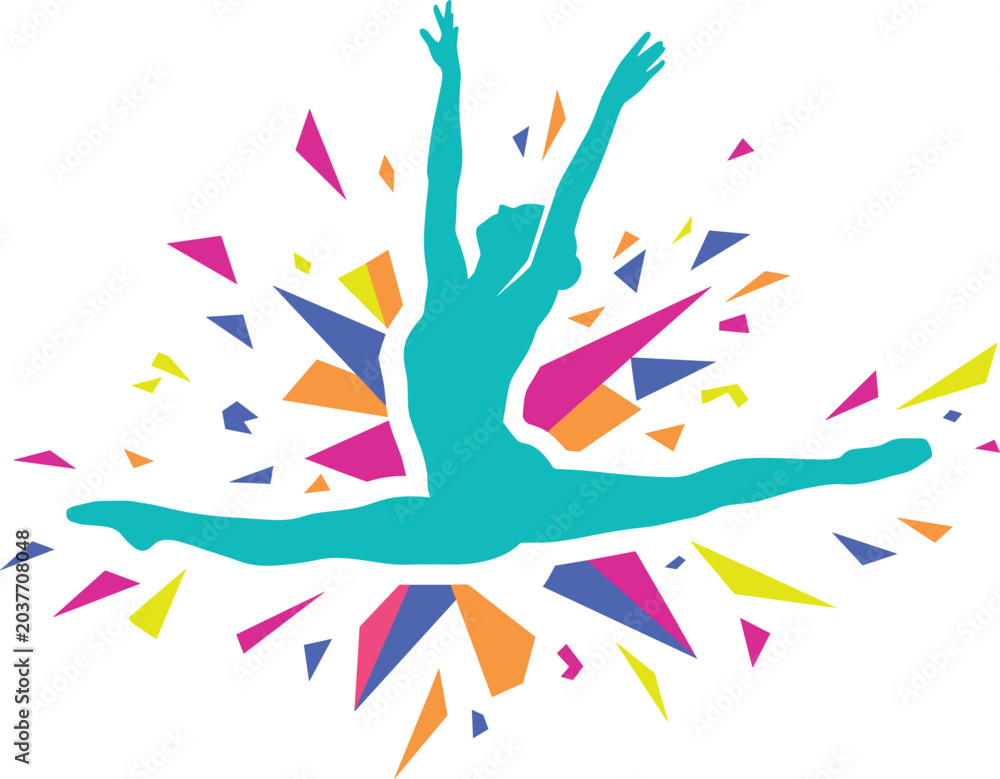Obraz premium Gymnastics Athlete Silhouette Illustration with Colorful Energy Splash and Sports Performance Symbols for Modern Graphic Design