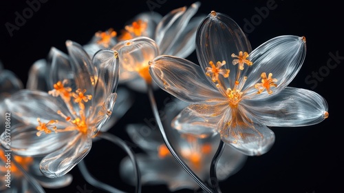 Glass flowers dark background, artistic floral macro shot