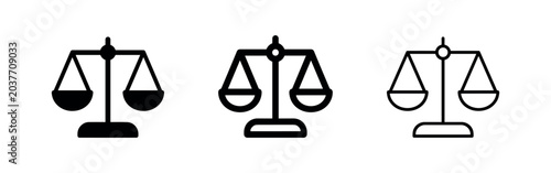 Tableau sur toile Scales of justice icon set, three variations: solid black, outlined, and filled