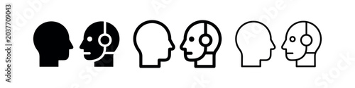 Φωτογραφία Human head and cyborg head icon set, three variations: solid black, outlined, an