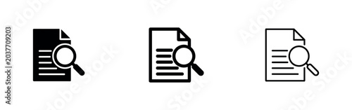 Tableau sur toile Document search icons set, magnifying glass over paper, black and white