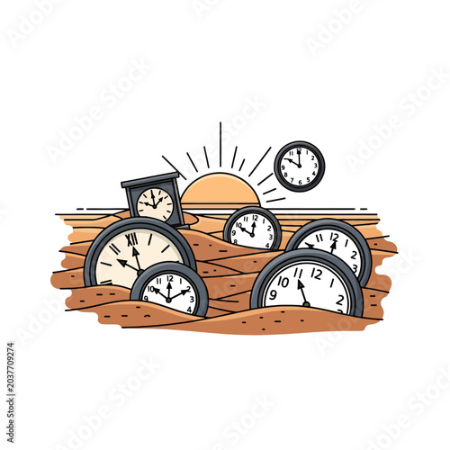 Photos Multiple clocks are partially buried in the sand under a bright rising sun