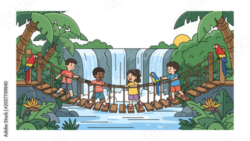 Foto Jungle Adventure: Children traverse a wobbly rope bridge over a river, with a magnificent waterfall cascading behind them, surrounded by lush tropical flora and colorful parrots