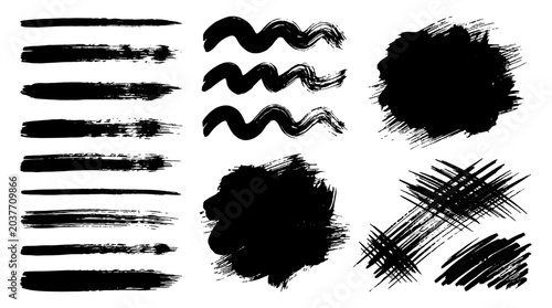 Bild auf Leinwand Black dry brush stroke set with ink smudges and scribble marks