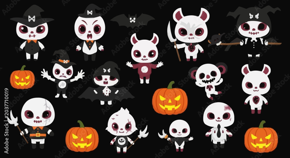 Fototapeta premium Halloween spooky cute character collection, cartoon vector pack