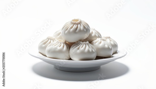 Steamed Dumplings Piled High on White Plate Isolated on Transparent Background